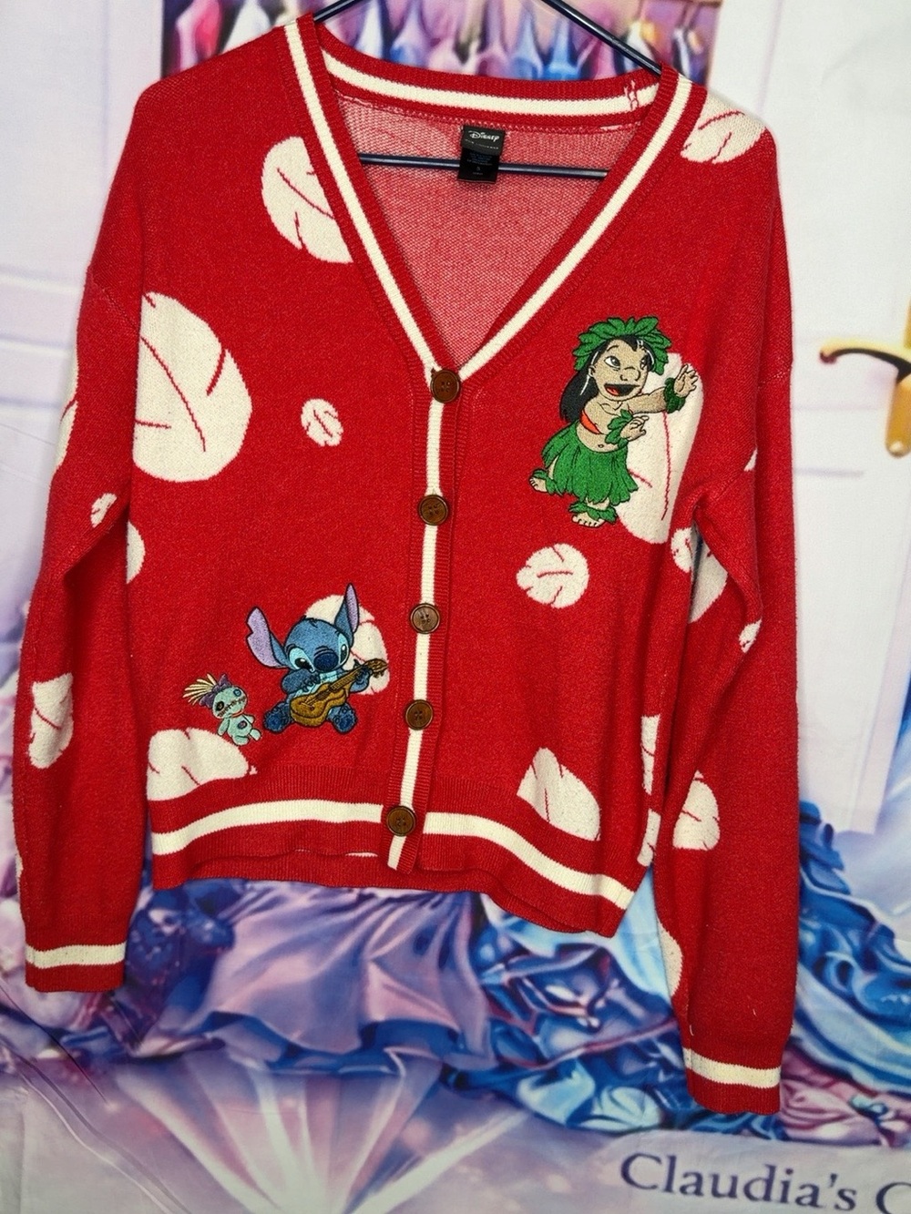 Disney Red V-Neck Lilo & Stitch Cardigan with White Leaf Accents